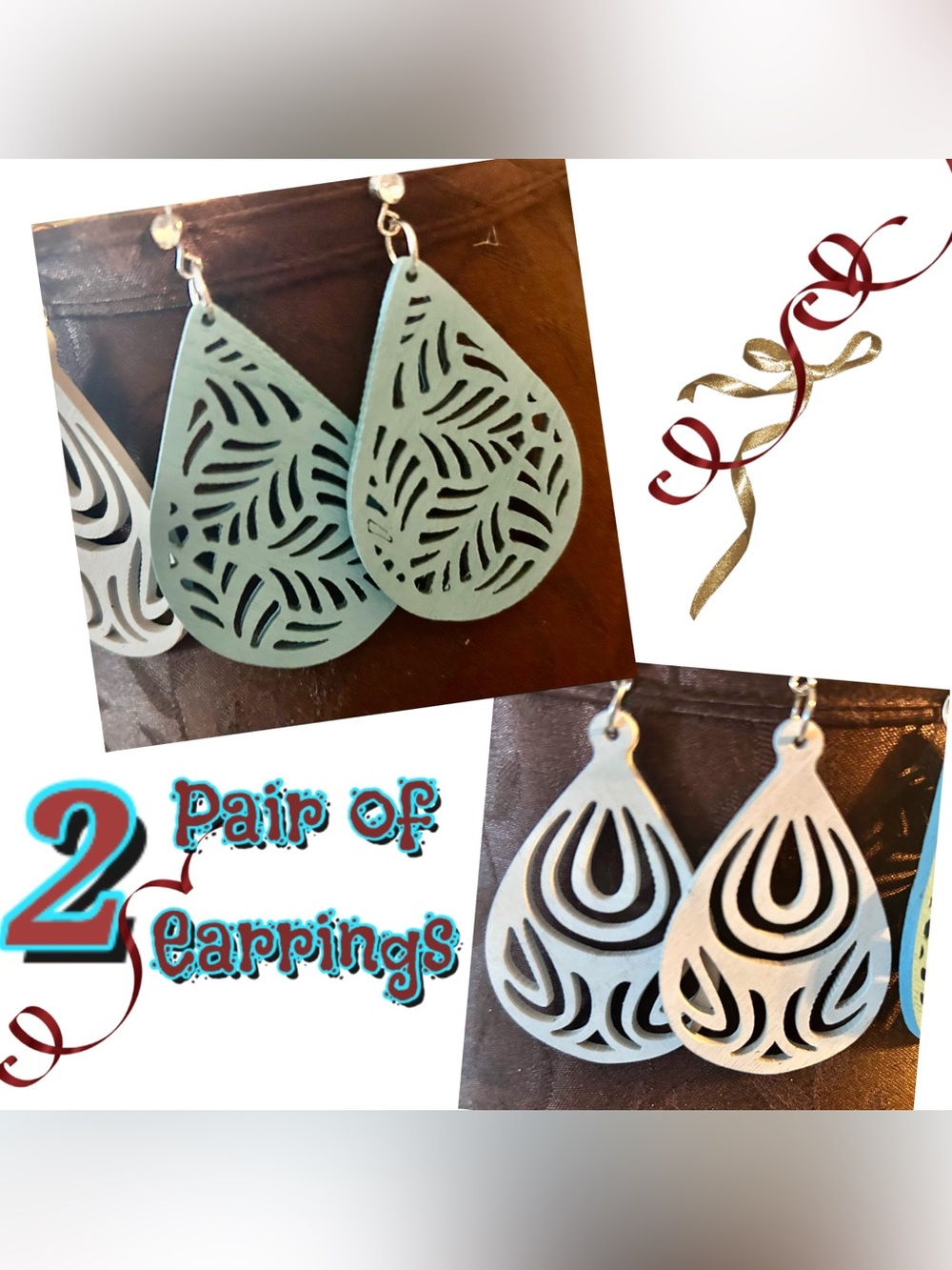 Plunder Teardrop Cutout Earrings in Light Aqua and White - 2 Pair Set